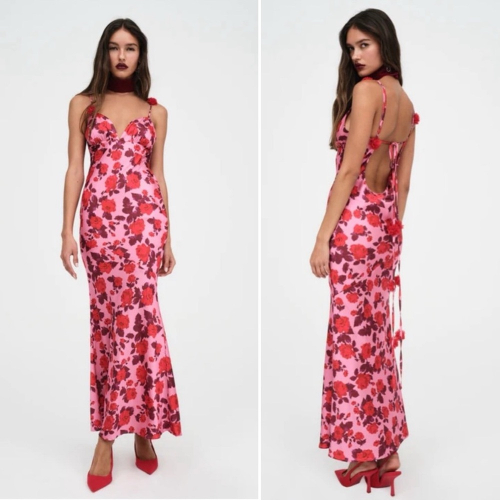 🛍️NWT For Love & Lemons Huda Satin Floral Free People Rosette Maxi Gown small - Picture 3 of 9